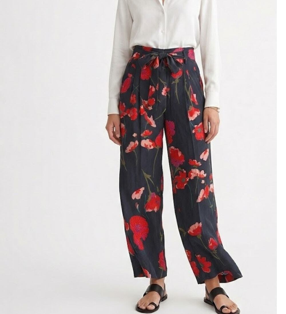 Wilfred Black Red Floral Flared Pants Tie Waist High Rise Resort Cruise Size XXS
